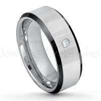 0.07ctw Aquamarine Tungsten Ring - March Birthstone Ring - 8mm Tungsten Wedding Band - Polished Black Ion Plated Beveled Edge Comfort Fit Tungsten Ring - Men's Anniversary Ring TN218-AQM