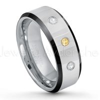 0.21ctw Citrine & Diamond 3-Stone Tungsten Ring - November Birthstone Ring - 8mm Tungsten Wedding Band - Polished Black Ion Plated Beveled Edge Comfort Fit Tungsten Ring - Men's Anniversary Ring TN218-CN
