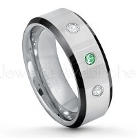 0.21ctw Emerald & Diamond 3-Stone Tungsten Ring - May Birthstone Ring - 8mm Tungsten Wedding Band - Polished Black Ion Plated Beveled Edge Comfort Fit Tungsten Ring - Men's Anniversary Ring TN218-ED