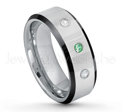 0.21ctw Emerald & Diamond 3-Stone Tungsten Ring - May Birthstone Ring - 8mm Tungsten Wedding Band - Polished Black Ion Plated Beveled Edge Comfort Fit Tungsten Ring - Men's Anniversary Ring TN218-ED