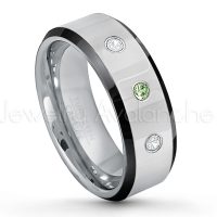 0.21ctw Green Tourmaline & Diamond 3-Stone Tungsten Ring - October Birthstone Ring - 8mm Tungsten Wedding Band - Polished Black Ion Plated Beveled Edge Comfort Fit Tungsten Ring - Men's Anniversary Ring TN218-GTM
