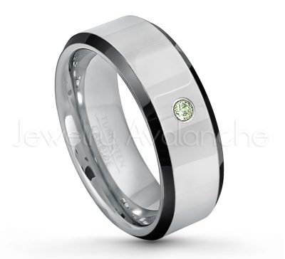 0.21ctw Peridot & Diamond 3-Stone Tungsten Ring - August Birthstone Ring - 8mm Tungsten Wedding Band - Polished Black Ion Plated Beveled Edge Comfort Fit Tungsten Ring - Men's Anniversary Ring TN218-PD