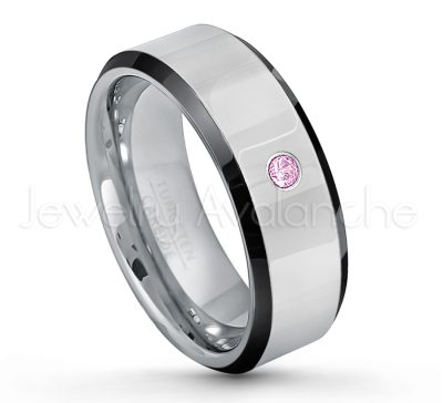 0.07ctw Pink Tourmaline Tungsten Ring - October Birthstone Ring - 8mm Tungsten Wedding Band - Polished Black Ion Plated Beveled Edge Comfort Fit Tungsten Ring - Men's Anniversary Ring TN218-PTM
