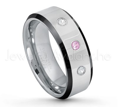 0.21ctw Pink Tourmaline & Diamond 3-Stone Tungsten Ring - October Birthstone Ring - 8mm Tungsten Wedding Band - Polished Black Ion Plated Beveled Edge Comfort Fit Tungsten Ring - Men's Anniversary Ring TN218-PTM