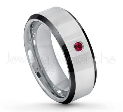 0.21ctw Ruby & Diamond 3-Stone Tungsten Ring - July Birthstone Ring - 8mm Tungsten Wedding Band - Polished Black Ion Plated Beveled Edge Comfort Fit Tungsten Ring - Men's Anniversary Ring TN218-RB