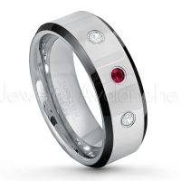 0.21ctw Ruby & Diamond 3-Stone Tungsten Ring - July Birthstone Ring - 8mm Tungsten Wedding Band - Polished Black Ion Plated Beveled Edge Comfort Fit Tungsten Ring - Men's Anniversary Ring TN218-RB