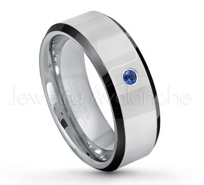 0.07ctw Blue Sapphire Tungsten Ring - September Birthstone Ring - 8mm Tungsten Wedding Band - Polished Black Ion Plated Beveled Edge Comfort Fit Tungsten Ring - Men's Anniversary Ring TN218-SP