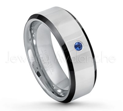 0.21ctw Blue Sapphire 3-Stone Tungsten Ring - September Birthstone Ring - 8mm Tungsten Wedding Band - Polished Black Ion Plated Beveled Edge Comfort Fit Tungsten Ring - Men's Anniversary Ring TN218-SP