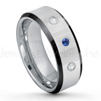 0.21ctw Blue Sapphire & Diamond 3-Stone Tungsten Ring - September Birthstone Ring - 8mm Tungsten Wedding Band - Polished Black Ion Plated Beveled Edge Comfort Fit Tungsten Ring - Men's Anniversary Ring TN218-SP