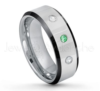 0.21ctw Tsavorite 3-Stone Tungsten Ring - January Birthstone Ring - 8mm Tungsten Wedding Band - Polished Black Ion Plated Beveled Edge Comfort Fit Tungsten Ring - Men's Anniversary Ring TN218-TVR
