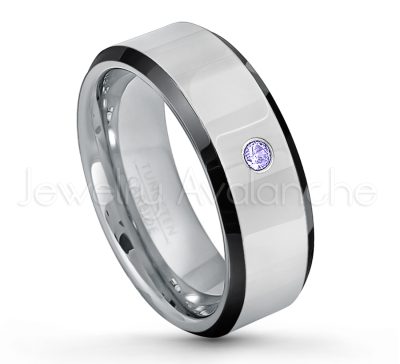 0.21ctw Tanzanite 3-Stone Tungsten Ring - December Birthstone Ring - 8mm Tungsten Wedding Band - Polished Black Ion Plated Beveled Edge Comfort Fit Tungsten Ring - Men's Anniversary Ring TN218-TZN