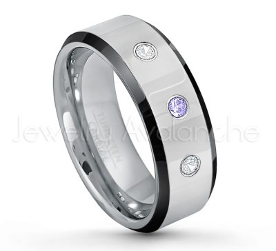 0.07ctw Tanzanite Tungsten Ring - December Birthstone Ring - 8mm Tungsten Wedding Band - Polished Black Ion Plated Beveled Edge Comfort Fit Tungsten Ring - Men's Anniversary Ring TN218-TZN
