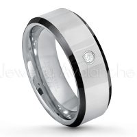 0.07ctw Diamond Tungsten Ring - April Birthstone Ring - 8mm Tungsten Wedding Band - Polished Black Ion Plated Beveled Edge Comfort Fit Tungsten Ring - Men's Anniversary Ring TN218-WD