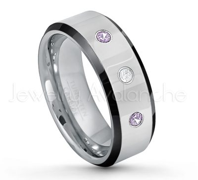 0.07ctw Amethyst Tungsten Ring - February Birthstone Ring - 8mm Tungsten Wedding Band - Polished Black Ion Plated Beveled Edge Comfort Fit Tungsten Ring - Men's Anniversary Ring TN218-AMT