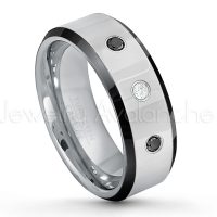 0.21ctw White & Black Diamond 3-Stone Tungsten Ring - April Birthstone Ring - 8mm Tungsten Wedding Band - Polished Black Ion Plated Beveled Edge Comfort Fit Tungsten Ring - Men's Anniversary Ring TN218-WD