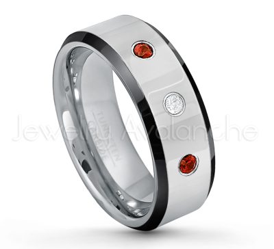 0.21ctw Garnet & Diamond 3-Stone Tungsten Ring - January Birthstone Ring - 8mm Tungsten Wedding Band - Polished Black Ion Plated Beveled Edge Comfort Fit Tungsten Ring - Men's Anniversary Ring TN218-GR