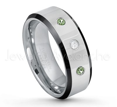0.21ctw Green Tourmaline 3-Stone Tungsten Ring - October Birthstone Ring - 8mm Tungsten Wedding Band - Polished Black Ion Plated Beveled Edge Comfort Fit Tungsten Ring - Men's Anniversary Ring TN218-GTM