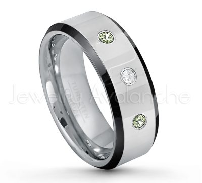0.07ctw Peridot Tungsten Ring - August Birthstone Ring - 8mm Tungsten Wedding Band - Polished Black Ion Plated Beveled Edge Comfort Fit Tungsten Ring - Men's Anniversary Ring TN218-PD