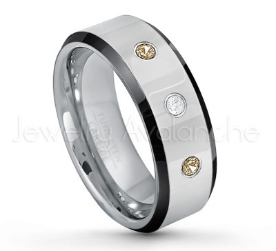 0.21ctw Smokey Quartz & Diamond 3-Stone Tungsten Ring - November Birthstone Ring - 8mm Tungsten Wedding Band - Polished Black Ion Plated Beveled Edge Comfort Fit Tungsten Ring - Men's Anniversary Ring TN218-SMQ