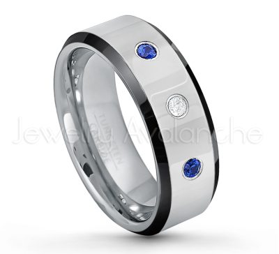 0.07ctw Blue Sapphire Tungsten Ring - September Birthstone Ring - 8mm Tungsten Wedding Band - Polished Black Ion Plated Beveled Edge Comfort Fit Tungsten Ring - Men's Anniversary Ring TN218-SP