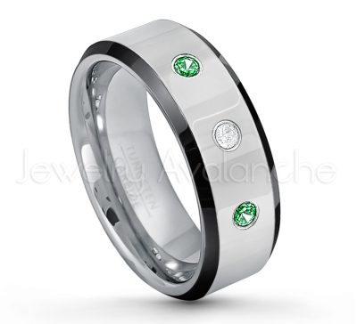 0.07ctw Tsavorite Tungsten Ring - January Birthstone Ring - 8mm Tungsten Wedding Band - Polished Black Ion Plated Beveled Edge Comfort Fit Tungsten Ring - Men's Anniversary Ring TN218-TVR