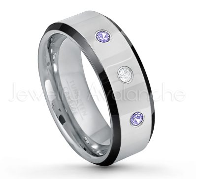 0.21ctw Tanzanite & Diamond 3-Stone Tungsten Ring - December Birthstone Ring - 8mm Tungsten Wedding Band - Polished Black Ion Plated Beveled Edge Comfort Fit Tungsten Ring - Men's Anniversary Ring TN218-TZN