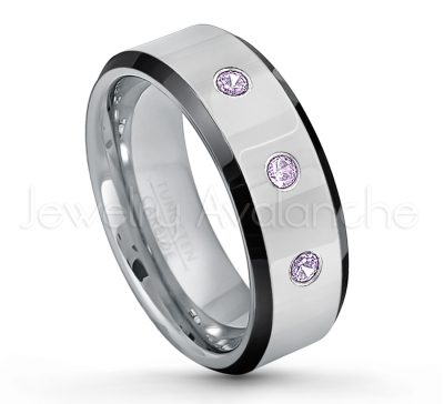 0.21ctw Amethyst & Diamond 3-Stone Tungsten Ring - February Birthstone Ring - 8mm Tungsten Wedding Band - Polished Black Ion Plated Beveled Edge Comfort Fit Tungsten Ring - Men's Anniversary Ring TN218-AMT