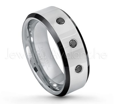 0.21ctw Black & White Diamond 3-Stone Tungsten Ring - April Birthstone Ring - 8mm Tungsten Wedding Band - Polished Black Ion Plated Beveled Edge Comfort Fit Tungsten Ring - Men's Anniversary Ring TN218-BD
