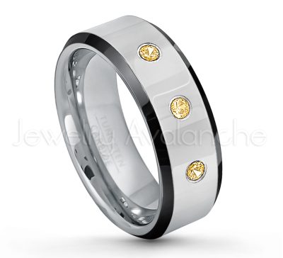 0.21ctw Citrine & Diamond 3-Stone Tungsten Ring - November Birthstone Ring - 8mm Tungsten Wedding Band - Polished Black Ion Plated Beveled Edge Comfort Fit Tungsten Ring - Men's Anniversary Ring TN218-CN