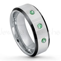 0.21ctw Emerald 3-Stone Tungsten Ring - May Birthstone Ring - 8mm Tungsten Wedding Band - Polished Black Ion Plated Beveled Edge Comfort Fit Tungsten Ring - Men's Anniversary Ring TN218-ED