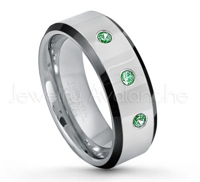 0.07ctw Emerald Tungsten Ring - May Birthstone Ring - 8mm Tungsten Wedding Band - Polished Black Ion Plated Beveled Edge Comfort Fit Tungsten Ring - Men's Anniversary Ring TN218-ED