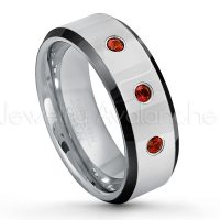 0.21ctw Garnet 3-Stone Tungsten Ring - January Birthstone Ring - 8mm Tungsten Wedding Band - Polished Black Ion Plated Beveled Edge Comfort Fit Tungsten Ring - Men's Anniversary Ring TN218-GR
