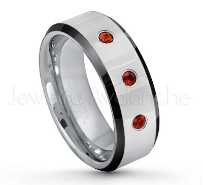 0.21ctw Garnet & Diamond 3-Stone Tungsten Ring - January Birthstone Ring - 8mm Tungsten Wedding Band - Polished Black Ion Plated Beveled Edge Comfort Fit Tungsten Ring - Men's Anniversary Ring TN218-GR