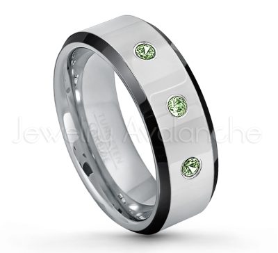 0.07ctw Green Tourmaline Tungsten Ring - October Birthstone Ring - 8mm Tungsten Wedding Band - Polished Black Ion Plated Beveled Edge Comfort Fit Tungsten Ring - Men's Anniversary Ring TN218-GTM