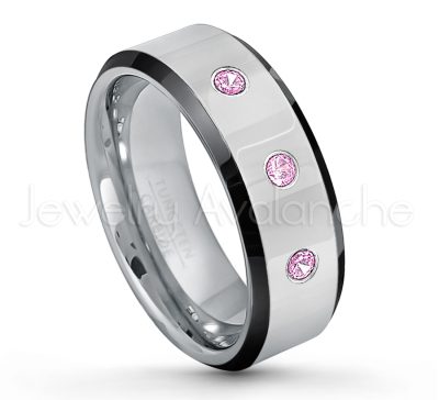 0.21ctw Pink Tourmaline & Diamond 3-Stone Tungsten Ring - October Birthstone Ring - 8mm Tungsten Wedding Band - Polished Black Ion Plated Beveled Edge Comfort Fit Tungsten Ring - Men's Anniversary Ring TN218-PTM
