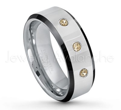 0.07ctw Smokey Quartz Tungsten Ring - November Birthstone Ring - 8mm Tungsten Wedding Band - Polished Black Ion Plated Beveled Edge Comfort Fit Tungsten Ring - Men's Anniversary Ring TN218-SMQ