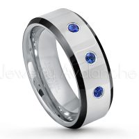 0.21ctw Blue Sapphire 3-Stone Tungsten Ring - September Birthstone Ring - 8mm Tungsten Wedding Band - Polished Black Ion Plated Beveled Edge Comfort Fit Tungsten Ring - Men's Anniversary Ring TN218-SP