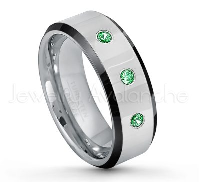 0.21ctw Tsavorite & Diamond 3-Stone Tungsten Ring - January Birthstone Ring - 8mm Tungsten Wedding Band - Polished Black Ion Plated Beveled Edge Comfort Fit Tungsten Ring - Men's Anniversary Ring TN218-TVR