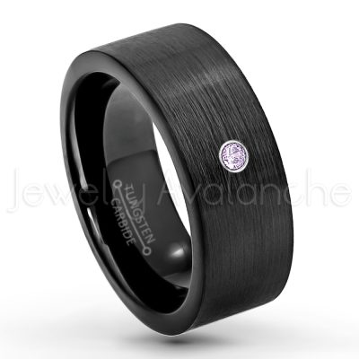 0.21ctw Amethyst & Diamond 3-Stone Tungsten Ring - February Birthstone Ring - 9mm Pipe Cut Tungsten Wedding Band - Brushed Finish Black IP Comfort Fit Tungsten Carbide Ring - Men's Tungsten Anniversary Band TN230-AMT