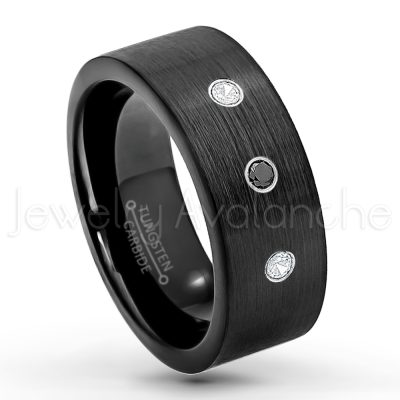 0.21ctw Diamond 3-Stone Tungsten Ring - April Birthstone Ring - 9mm Pipe Cut Tungsten Wedding Band - Brushed Finish Black IP Comfort Fit Tungsten Carbide Ring - Men's Tungsten Anniversary Band TN230-WD