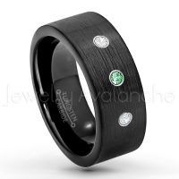 0.21ctw Emerald & Diamond 3-Stone Tungsten Ring - May Birthstone Ring - 9mm Pipe Cut Tungsten Wedding Band - Brushed Finish Black IP Comfort Fit Tungsten Carbide Ring - Men's Tungsten Anniversary Band TN230-ED