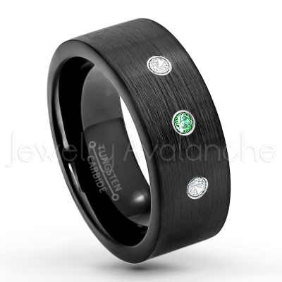 0.07ctw Emerald Tungsten Ring - May Birthstone Ring - 9mm Pipe Cut Tungsten Wedding Band - Brushed Finish Black IP Comfort Fit Tungsten Carbide Ring - Men's Tungsten Anniversary Band TN230-ED