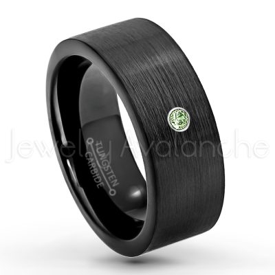 0.21ctw Green Tourmaline 3-Stone Tungsten Ring - October Birthstone Ring - 9mm Pipe Cut Tungsten Wedding Band - Brushed Finish Black IP Comfort Fit Tungsten Carbide Ring - Men's Tungsten Anniversary Band TN230-GTM