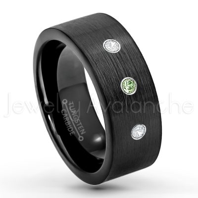 0.21ctw Green Tourmaline 3-Stone Tungsten Ring - October Birthstone Ring - 9mm Pipe Cut Tungsten Wedding Band - Brushed Finish Black IP Comfort Fit Tungsten Carbide Ring - Men's Tungsten Anniversary Band TN230-GTM