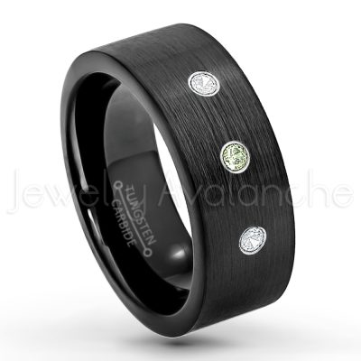 0.21ctw Peridot 3-Stone Tungsten Ring - August Birthstone Ring - 9mm Pipe Cut Tungsten Wedding Band - Brushed Finish Black IP Comfort Fit Tungsten Carbide Ring - Men's Tungsten Anniversary Band TN230-PD