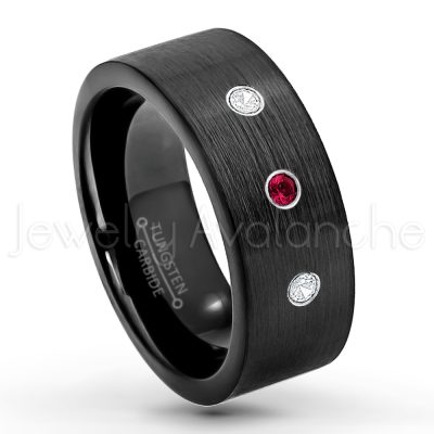 0.07ctw Ruby Tungsten Ring - July Birthstone Ring - 9mm Pipe Cut Tungsten Wedding Band - Brushed Finish Black IP Comfort Fit Tungsten Carbide Ring - Men's Tungsten Anniversary Band TN230-RB