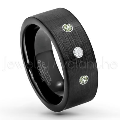 0.07ctw Peridot Tungsten Ring - August Birthstone Ring - 9mm Pipe Cut Tungsten Wedding Band - Brushed Finish Black IP Comfort Fit Tungsten Carbide Ring - Men's Tungsten Anniversary Band TN230-PD
