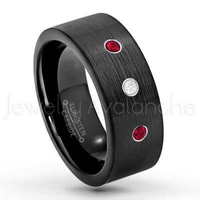 0.07ctw Ruby Tungsten Ring - July Birthstone Ring - 9mm Pipe Cut Tungsten Wedding Band - Brushed Finish Black IP Comfort Fit Tungsten Carbide Ring - Men's Tungsten Anniversary Band TN230-RB