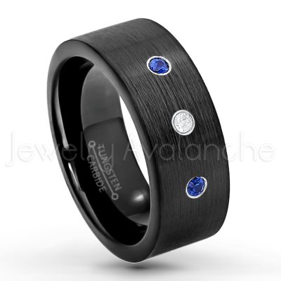 0.07ctw Blue Sapphire Tungsten Ring - September Birthstone Ring - 9mm Pipe Cut Tungsten Wedding Band - Brushed Finish Black IP Comfort Fit Tungsten Carbide Ring - Men's Tungsten Anniversary Band TN230-SP