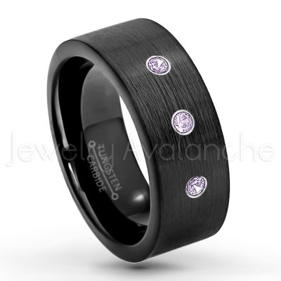 0.21ctw Amethyst & Diamond 3-Stone Tungsten Ring - February Birthstone Ring - 9mm Pipe Cut Tungsten Wedding Band - Brushed Finish Black IP Comfort Fit Tungsten Carbide Ring - Men's Tungsten Anniversary Band TN230-AMT